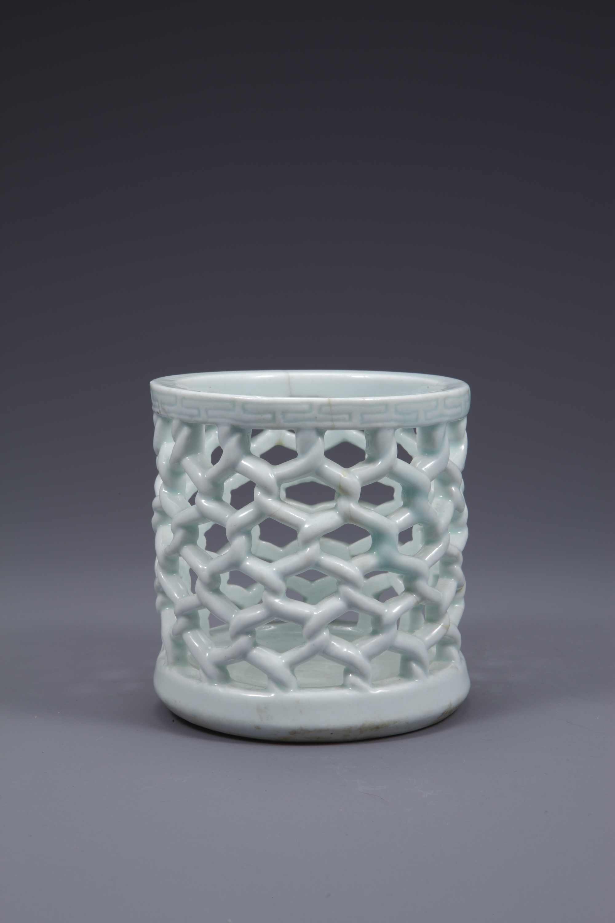 Pale bluish-white cylindrical porcelain brush pot with net-like openwork walls, National Museum of Korea